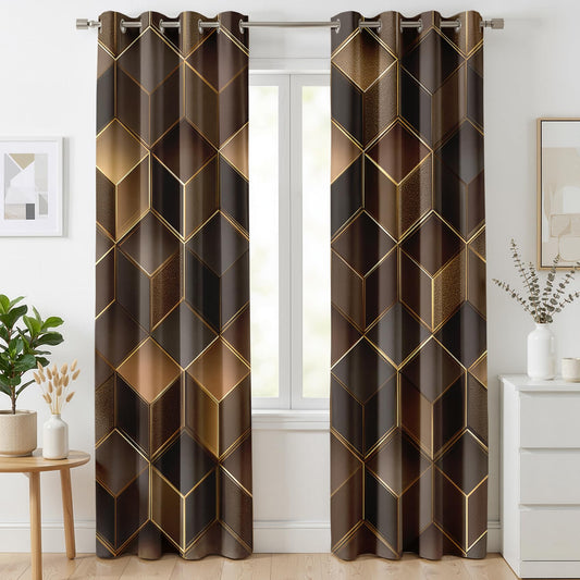 Mistwalk Brown and Gold Curtains 108 Inch Length 2 Panels Set, Patterned Blackout Curtains for Bedroom & Living Room, Room Darkening Thermal Insulated Grommet Drapes, 3D Geometric Window Treatments