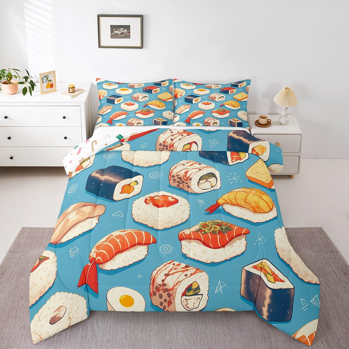 Erosebridal Kids Sushi Comforter Set Queen Size,Japanese Sushi Bedding Set Funny Gifts for Teens Adults,Anime Style Quilt Bed Set Food Themed Bed Comforter Sets with 2 Pillowcases Bedroom Decor