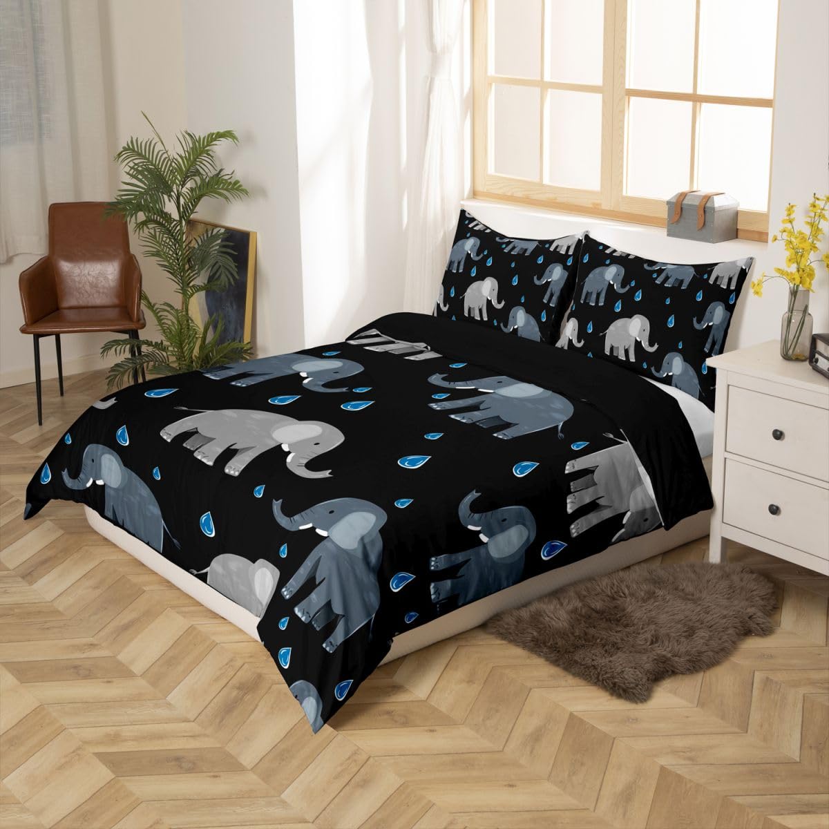 Erosebridal Elephant Comforter Cover Twin Black and Gray Duvet Cover for Kids Teens Raindrops Bedding Set Wild Animals Bed Set