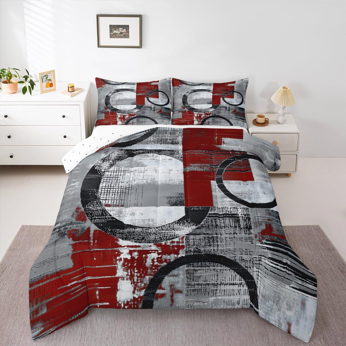 Feelyou Abstract Kids Comforter Set Full Size Modern Abstract Art Bedding Set Geometric Duvet Quilt for Kids Boys Girls Bedroom Luxury Decor Wine Ultra Soft
