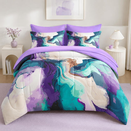 Pamnest Comforter Set Twin Size, Marble Colorful Gold 5 Pcs Bedding for Kids and Adults, Blue Stone Multicolored Bed Sheet Sets with Fitted Sheet Pillowcase & Sham for Bedroom Bed Decor