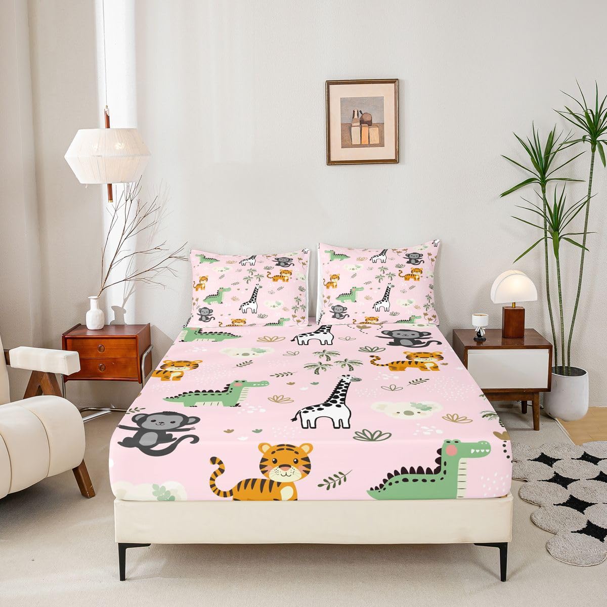 Erosebridal Jungle Animals Bed Sheets Full Cartoon Kawaii Sheet Set for Kids Boys Girls Monkey Giraffe Crocodile Tiger Sheets Hunting Wildlife Flat Fitted Sheet 3 Pcs