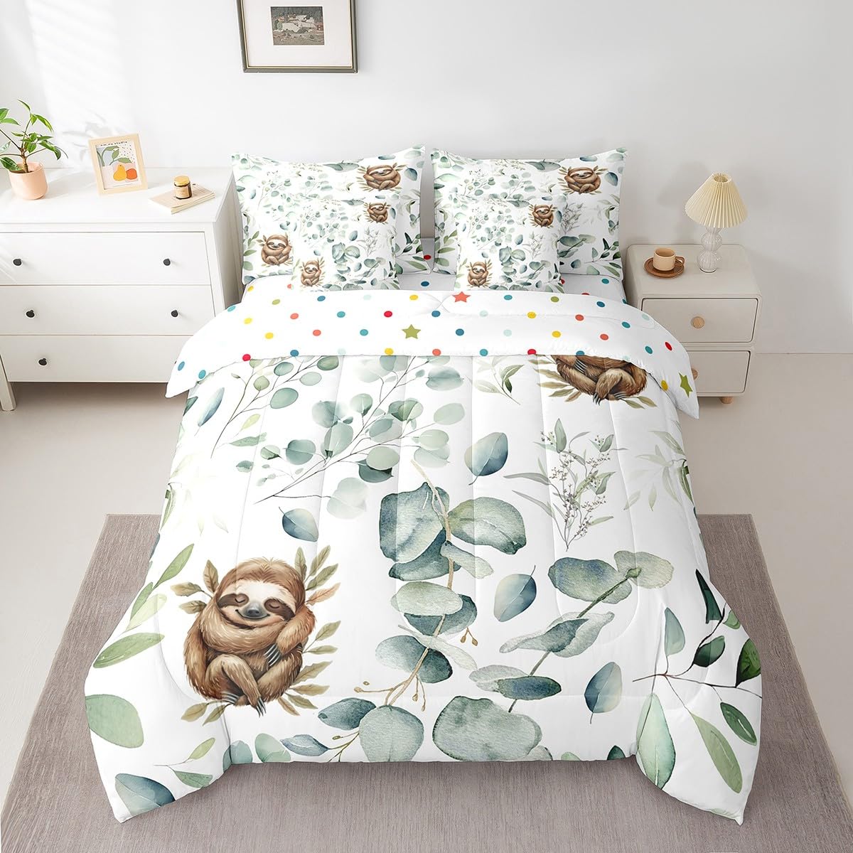 Erosebridal Girls Kawaii Animal Bedding Comforter Sets 7pcs Cute Sloth Bed in a Bag, Cartoon Wildlife King Bedding Sets Green Leaf Comforter Set, Spring Garden Plant Bedding Sets Kids Bedroom Decor