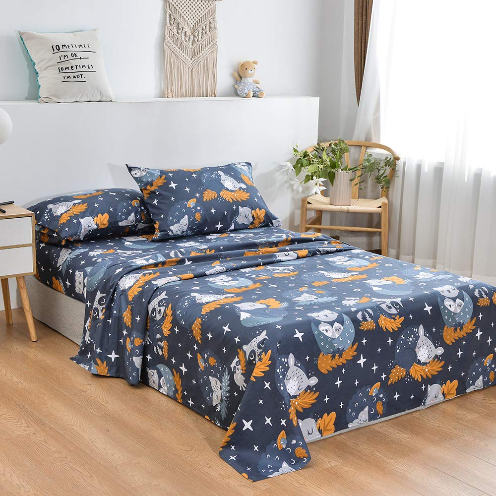 JSD Forest Animals Kids Sheet Set Twin Size, 3 Piece Navy Blue Owl Microfiber Bed Sheets Deep Pocket