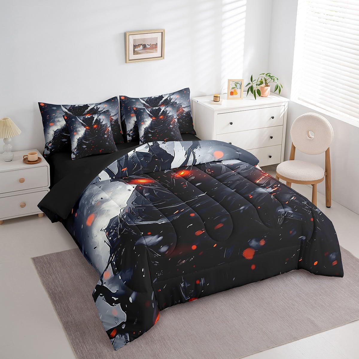 7-Piece 3D Samurai Bedding Comforter Sets for Boys Men Japanese Style Bed in a Bag, Black and Grey Full Bedding Sets Anime Theme Comforter Set, Gray Ombre Tie Dye Watercolor Bedding Sets & Collections