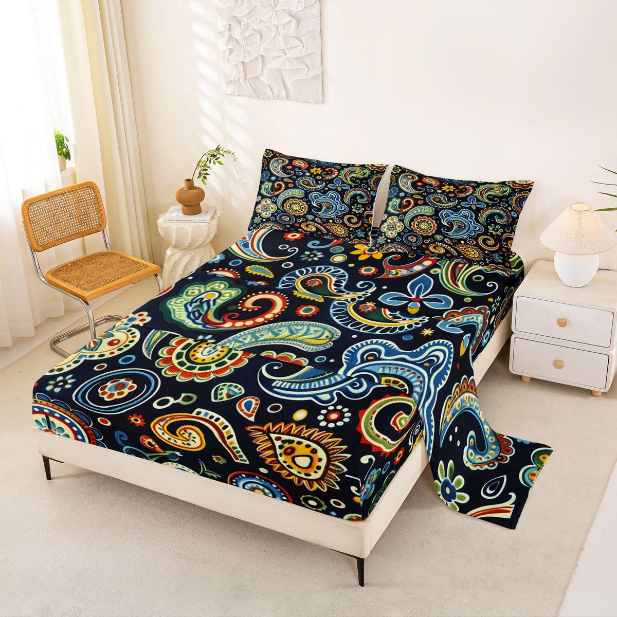 Feelyou Flower Bed Sheets Sets Queen Size Kids Boys Girls Paisley Bedding Set Boho Paisley Blue Print Bed Sheet Set with 16-Inch Deep Pockets Bohemian Exotic Style 4Pcs with 2 Pillow Cases