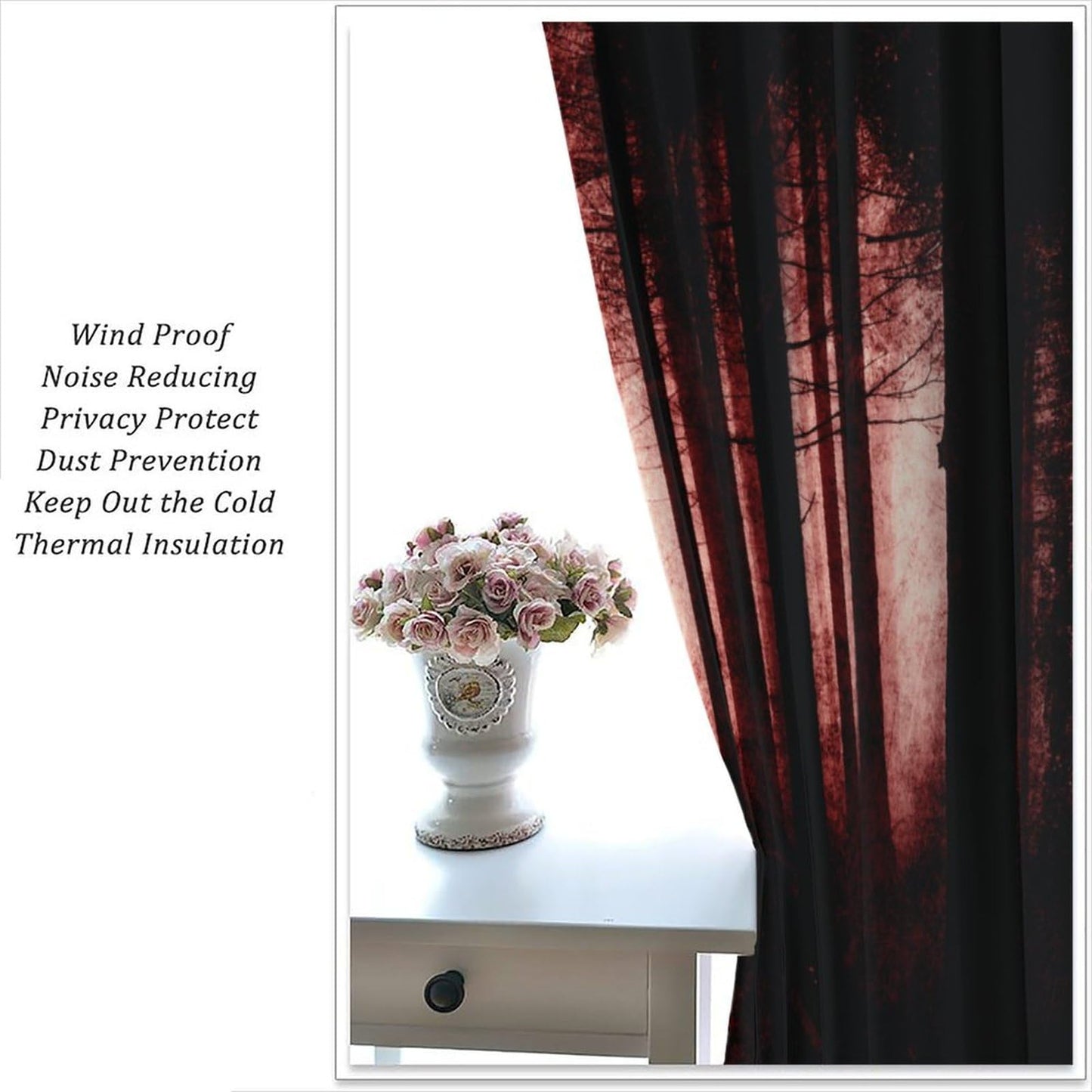 SHElifestyle Gothic Dark Red Forest Curtains, Haunted Creepy Landscape Misty Forest Window Treatments Spooky Horror Halloween Forest Window Drapes for Bedroom Living Room W42 X L45
