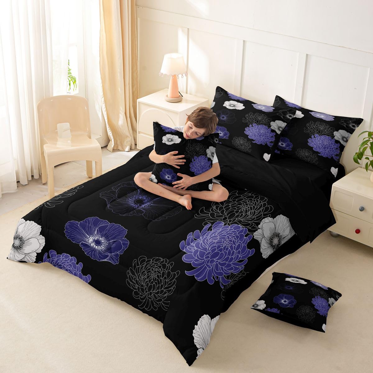 Feelyou Floral Flower 7 Piece Bedding Set Black Purple Comforter Set with Sheets for Kids Boys Girls Poppy Flower Hydrangea Bed in a Bag Damask Print Bed Set Soft Lightweight