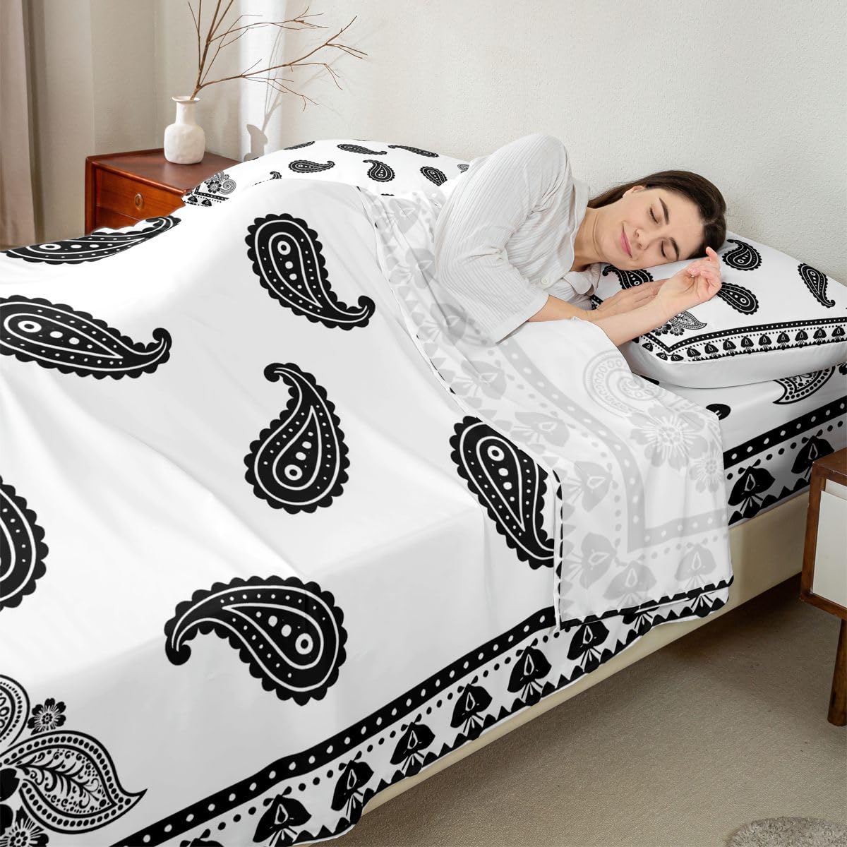 Erosebridal Paisley Floral Bed Sheets Set Full Mandala Exotic Chic Flower Sheet Set Retro Boho Sheets Black White Flat Fitted Sheet
