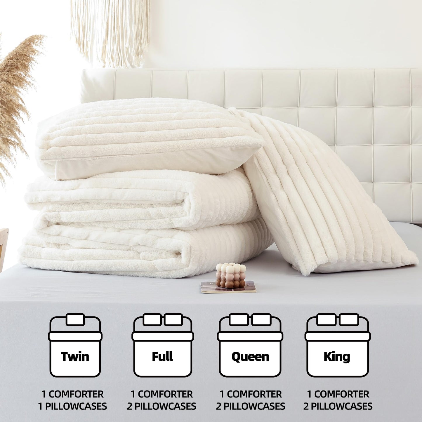 Smoofy Fluffy King Size Comforter Set 3 Pieces - Cream White Fleece Fluffy Comforter Set, Luxury Fuzzy King Bedding Set, Soft King Bed Set All Season, Heavy Faux Fur Comforter with 2 Pillow Cases
