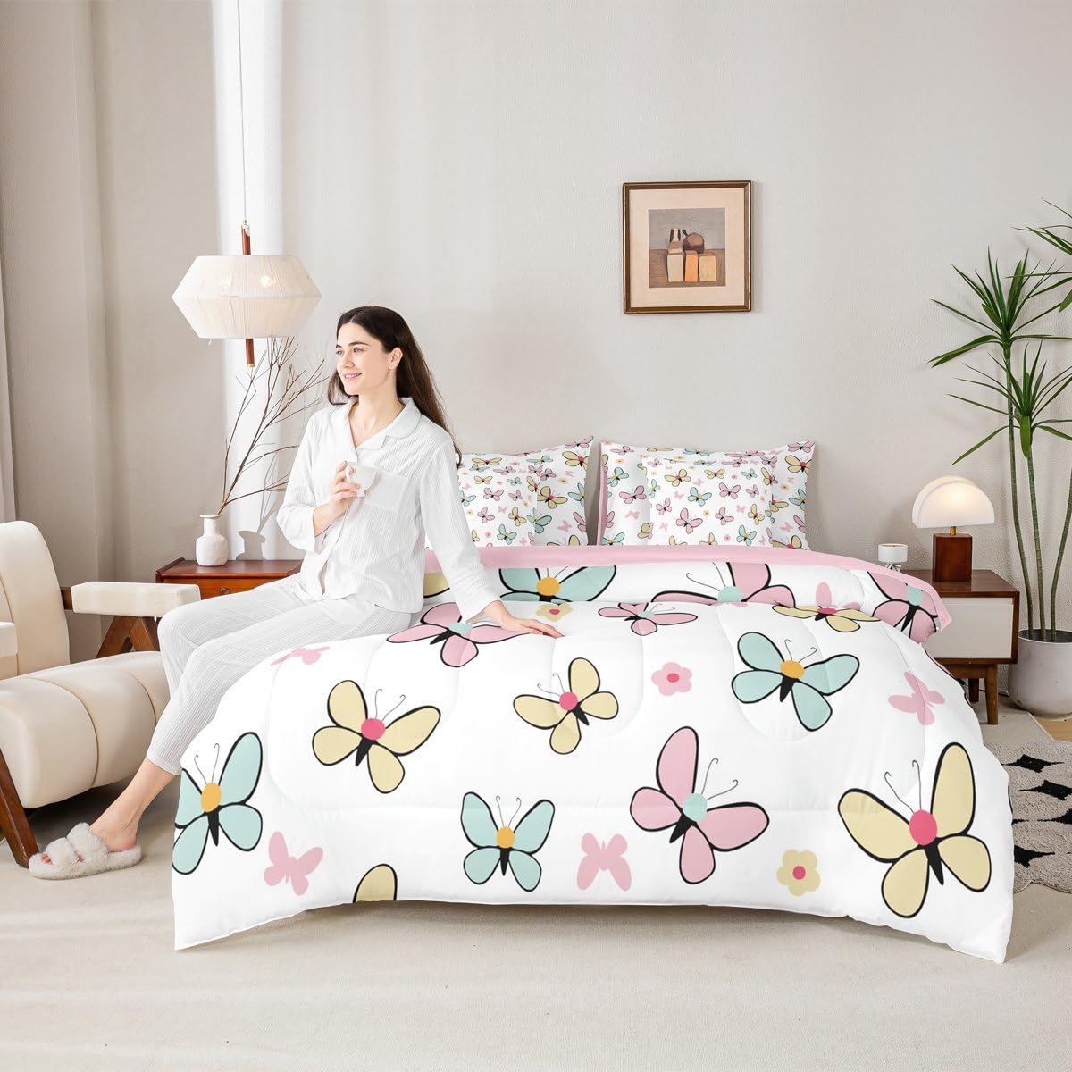 Feelyou Butterfly Comforter Set Queen Size 7 Pieces Cute Pink Bedding Set for Kids Boys Girls Kawaii Bed in a Bag with Comforter, Sheets, Pillowcases, Cushion Covers Soft