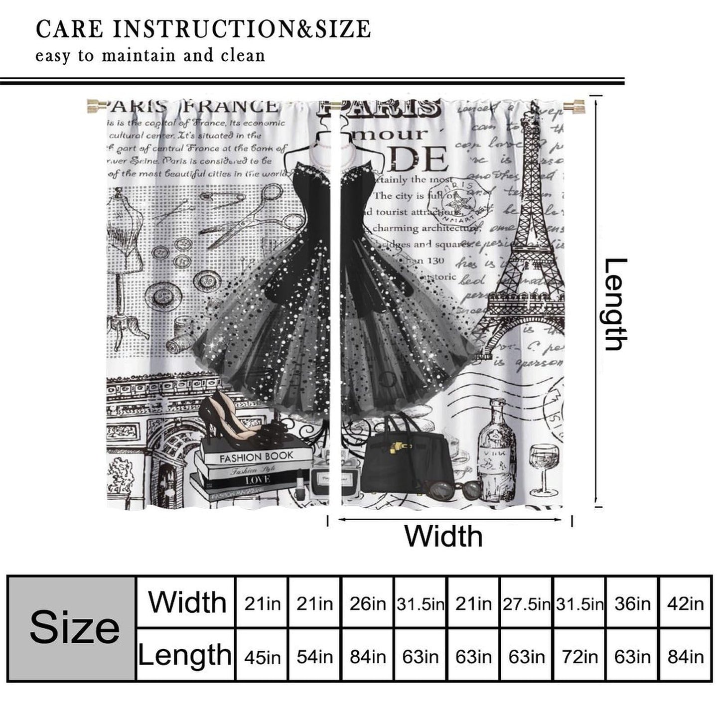 Fashion Curtains Eiffel Tower Black Skirt High Heels Pattern for Girls Woman Bedroom Print Decor Rod Pocket Window Drapes for Bedroom Living Room 42x45in