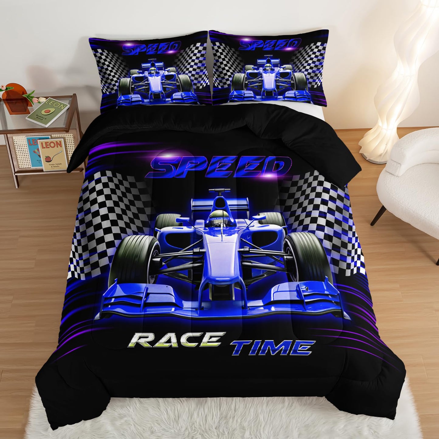 UEVBF Blue Race Car Bedding Set Twin Size,Black White Checkered Racing Flag Comforter Set,Race Car Room Decor for Kids Boys,Cool Sports Themed Bedding Sets with 2 Pillowcases.
