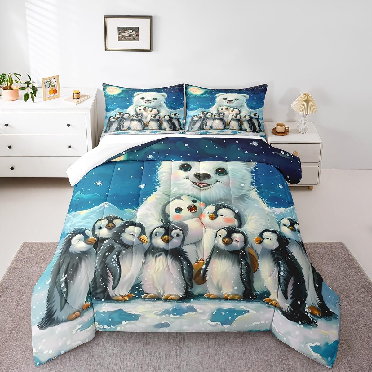 Polar Bear Penguin Comforter Set Queen Size,Galaxy Cartoon Wildlife Bedding Set,Kids Boys Girls Room Decor,Cute White Bear Quilt Set Winter Snowy Wild Animals Theme Blue Duvet Insert,2 Pillowcases