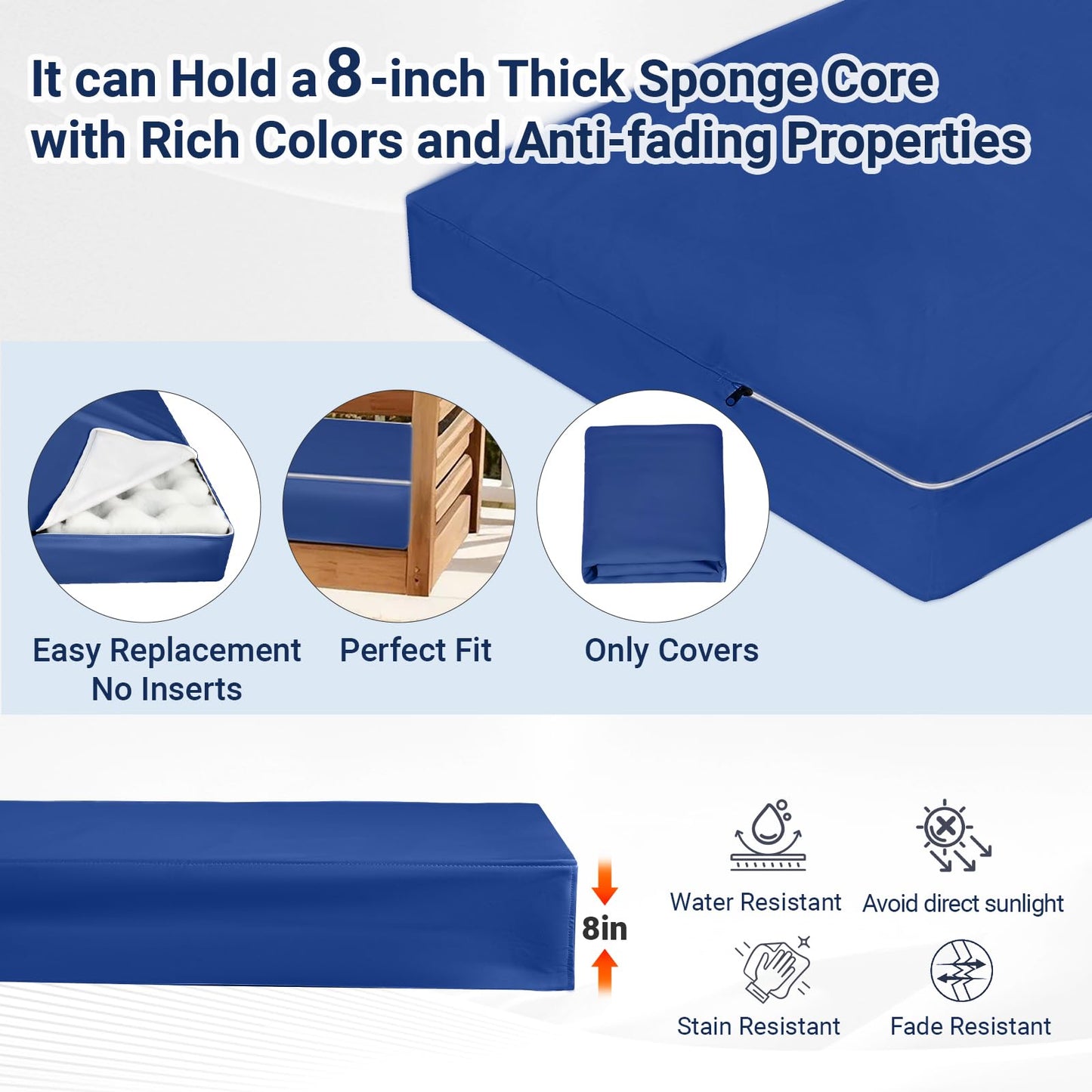 BIBILAB Outdoor Swing Seat Cushion Cover, 6-Inch Waterproof Double Patio Cover with Anti-Cat Scratch Cloth (Cushion not Included) (Blue)