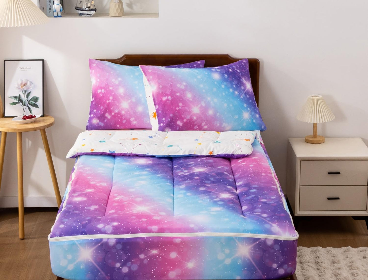 Meeting Story 3pcs Kids Comforter Set Zip up Bedding Set for Girls,Twin Kid Bedding Set Gradient Comforter Set for Kid,All in one Zipper Bedding（BluePurple,Twin）