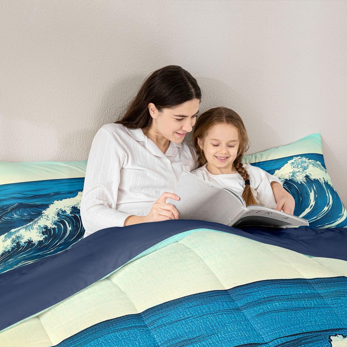 jejeloiu Wave Pattern Kids Comforter Set Queen Size Japanese Style Bedding Set Ocean Wave Duvet Quilt for Kids Boys Girls Bedroom Decor Microfiber Ultra Soft Breathable