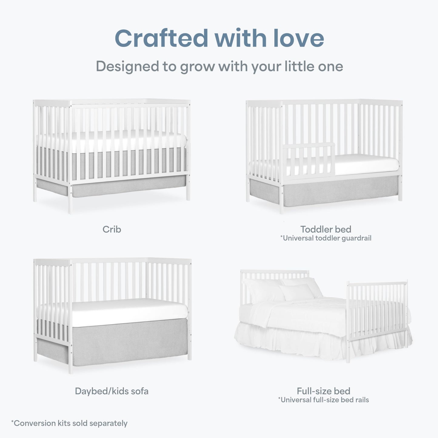 Dream On Me Synergy 5-in-1 Convertible Full-Size Baby Crib with Toddler, Day & Full Bed Conversion in White, GreenGuard Gold & BSA, 3 Mattress Heights, Sustainable Pinewood