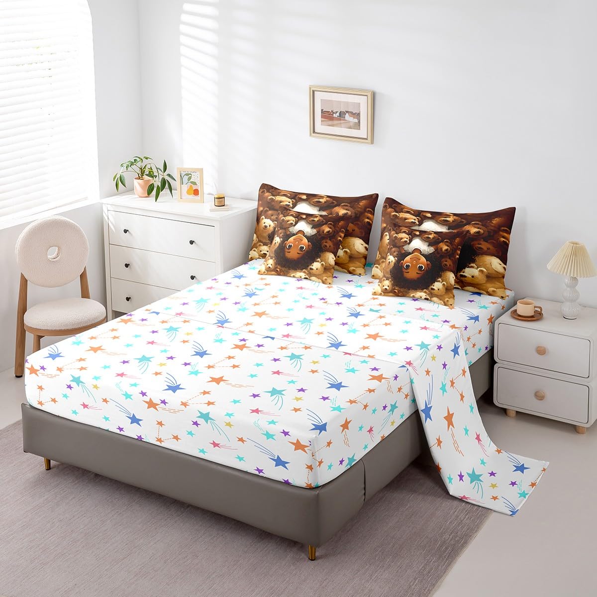 jejeloiu Kids Cute Black Girl Comforter Set 7 Pieces Full Size African American Girl Bedding Set for Boys Girls Bear Bed in a Bag with Comforter, Sheets, Pillowcases & Cushion Covers（No Glitter）