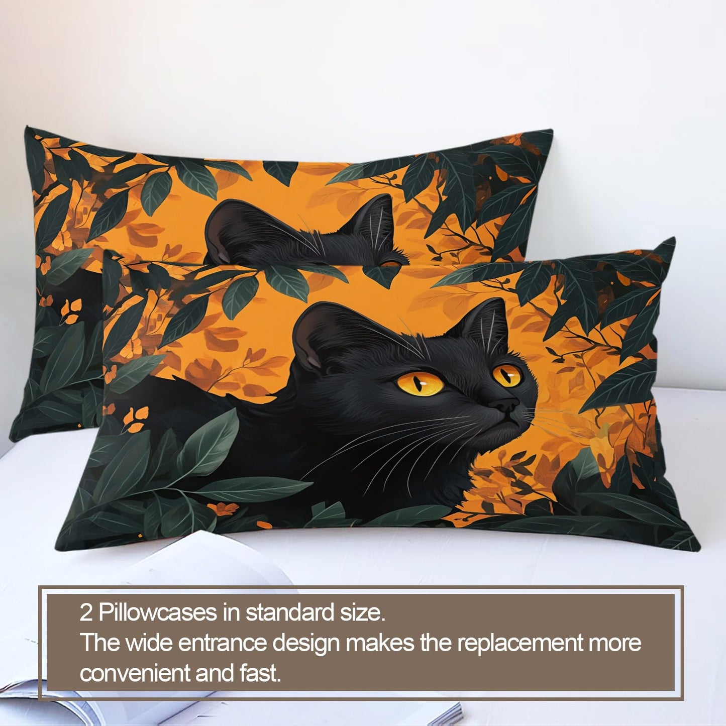 PAISUOQ Black Cat Print Duvet Cover Full, Green Leaves Bedding, Cartoon Kids Comforter Cover with 2 Pillow Cases, 3 Pieces with Zipper & Ties, Bedroom Decor & Gifts
