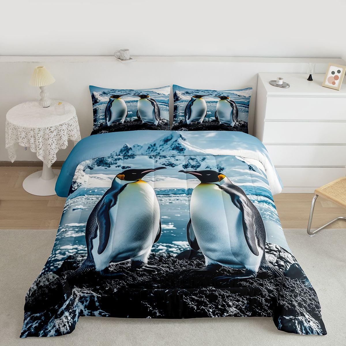 Erosebridal Penguin Bedding Set Queen Black White Penguins Comforter Set for Kids Boys Girls Cute Antarctica Animal Theme Down Comforter,Glacier Snow Quilt Duvet