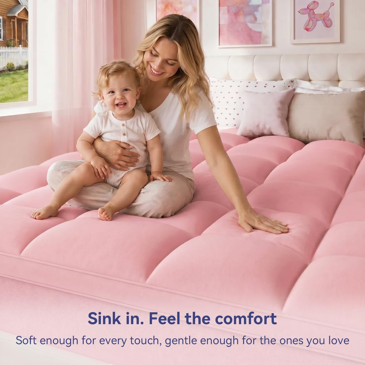 ELEMUSE Pink Queen Mattress Topper for Bed, Extra Thick Pillow Top Mattress Pad with Plush Comfort, Designed for Couples & Everyday Sleep, Bedroom Upgrade