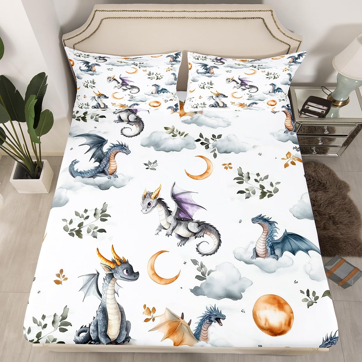 Western Dragon Fitted Sheet Twin Size,Cute Flying Dragon Bedding Sets 2Pcs,Star Moon Leaves Bed Sheet for Kids Teens Girls Boys Room Decor,Wild Animals Plant Deep Pocket Sheet,1 Pillowcase