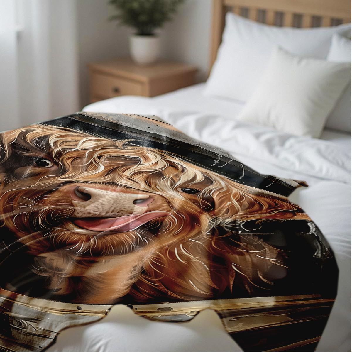 HUNXIAOJ Printed Bed Blanket Highland Cow Blanket Queen Size Flannel Blanket Cattle Farm Animal Throw Blanket for Couch Sofa Living Room Travel Decor (49"x59")