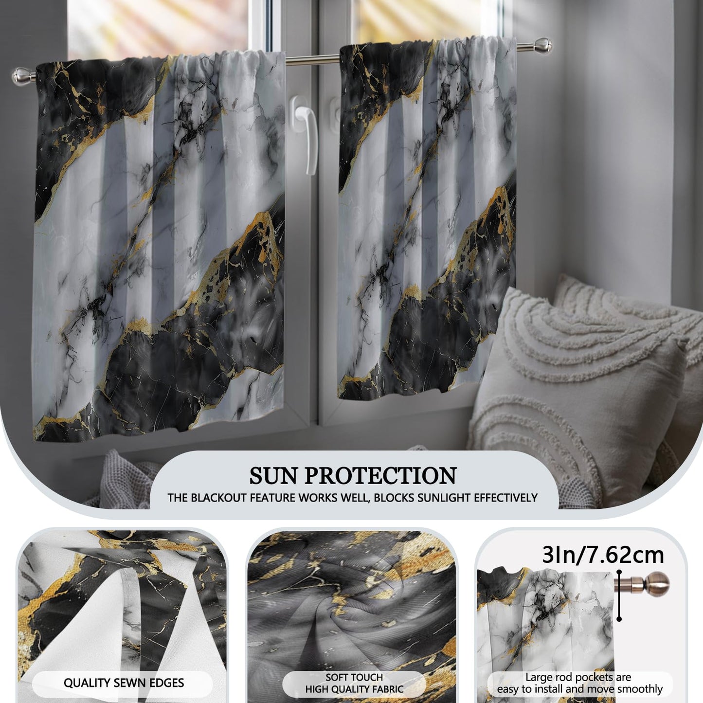 KINUUIS Black White Marble Blackout Kitchen Window Tier Curtains and Valance Set, 52 x 36 Inch Abstract Art Window Curtains Set with Rod Pocket for Small Windows, Living Room or Bathroom