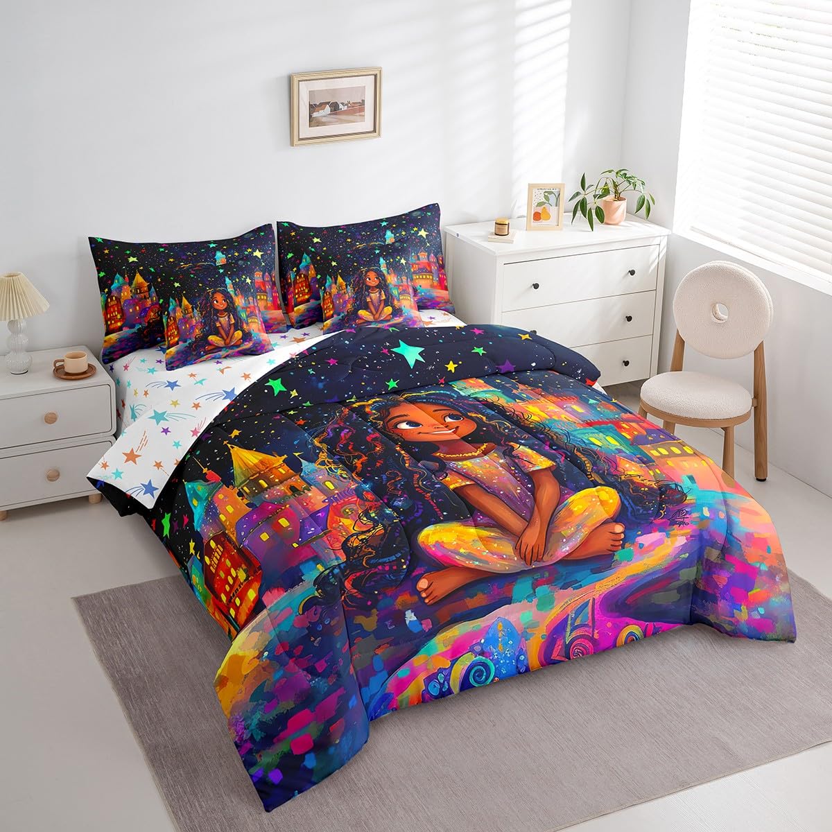 jejeloiu Kids Cute Black Girl Comforter Set 7 Pieces Full Size Castle Star Print Bedding Set African American Girl Bed in a Bag with Comforter, Sheets, Pillowcases & Cushion Covers（No Glitter）