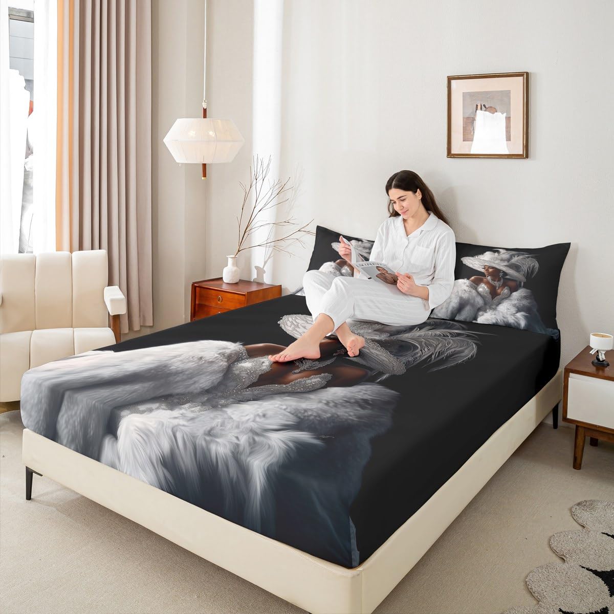 Erosebridal Black Girl Bed Sheets King Size Modern Trendy Grey Silver Sheet Set for Girls Teens Women African American Fashion Dress Bedding Set Diamond Print Aesthetic Elegant Sheets