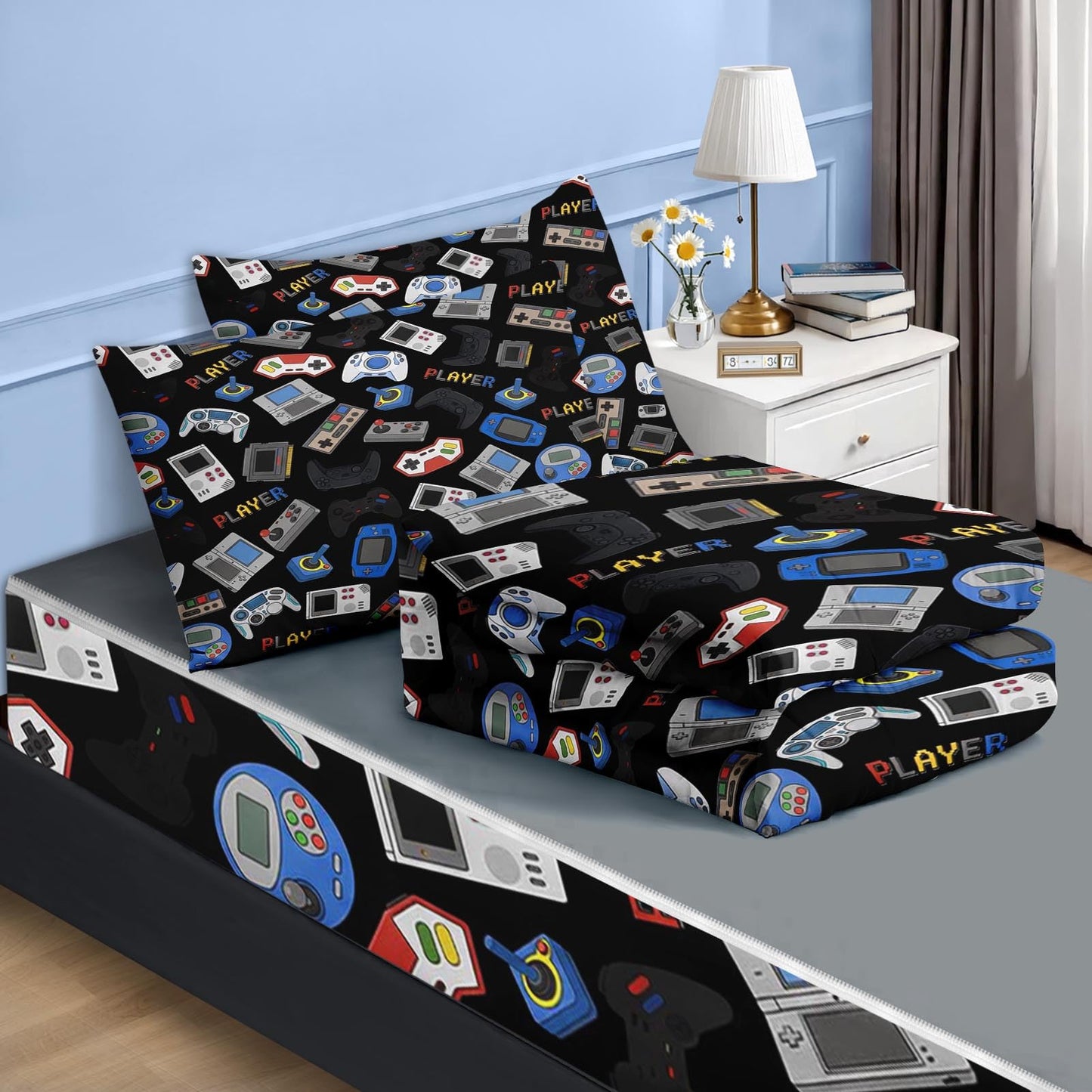 Nesker Zipper Bedding Twin Retro Colorful Gamepad Zip Up Bedding Set for Boys and Kids, Gaming Controller 3 Pcs Comforter Bed in a Bag with Fitted Sheet and 2 Pcs Pillowcases
