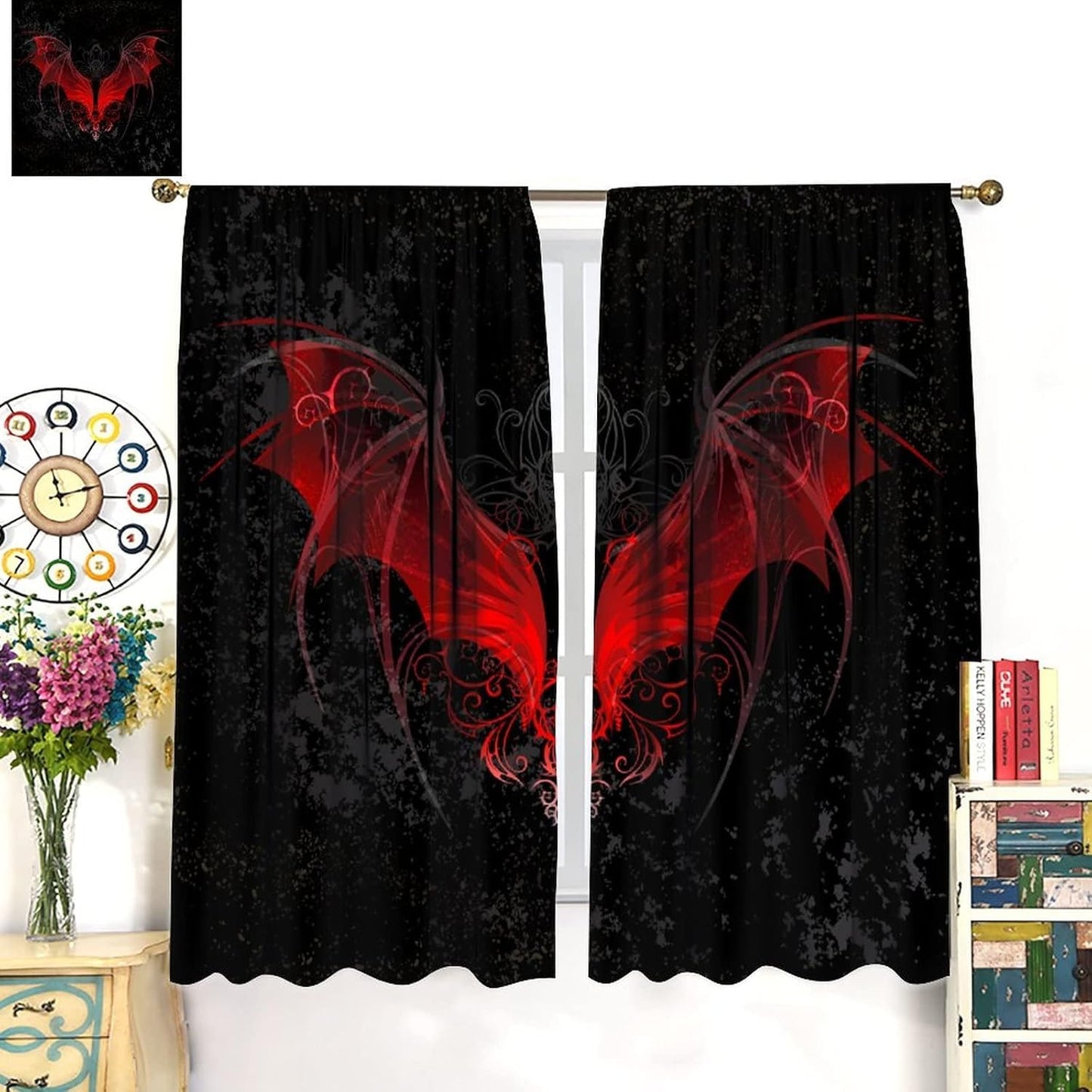 HZOHNAGO Gothic Curtains Red Bat Pattern Blackout Print Rod Pocket Window Drapes for Bedroom Living Room 42x45in