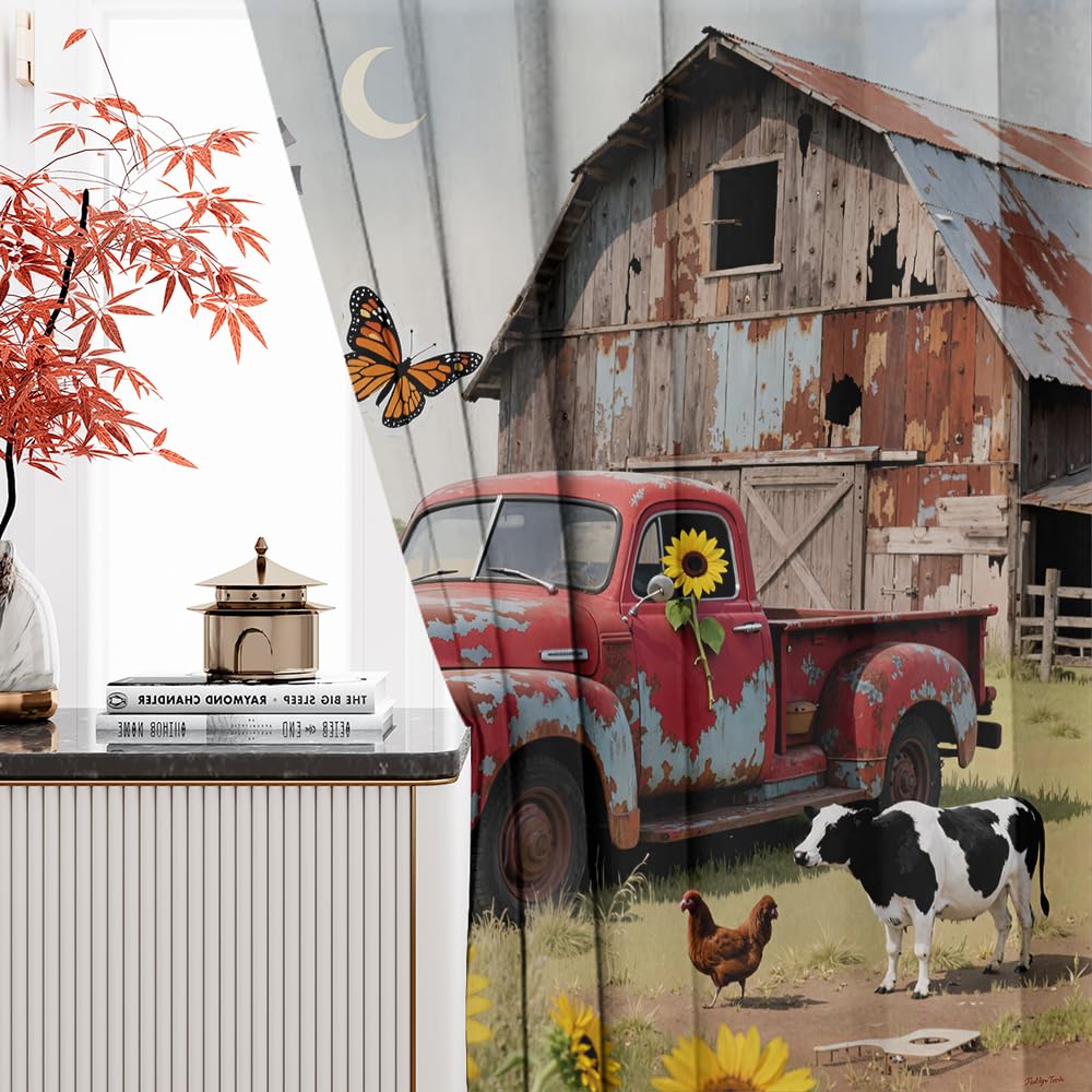 Rustic Farmhouse Red Truck Blackout Curtains-Retro Farm Barn Windmill Rod Pocket Back Tab Drapes,Vintage Country Sunflower Cow Chicken Thermal Insulated Light Blocking Curtain,2pcs,Each 21“W x 45”L