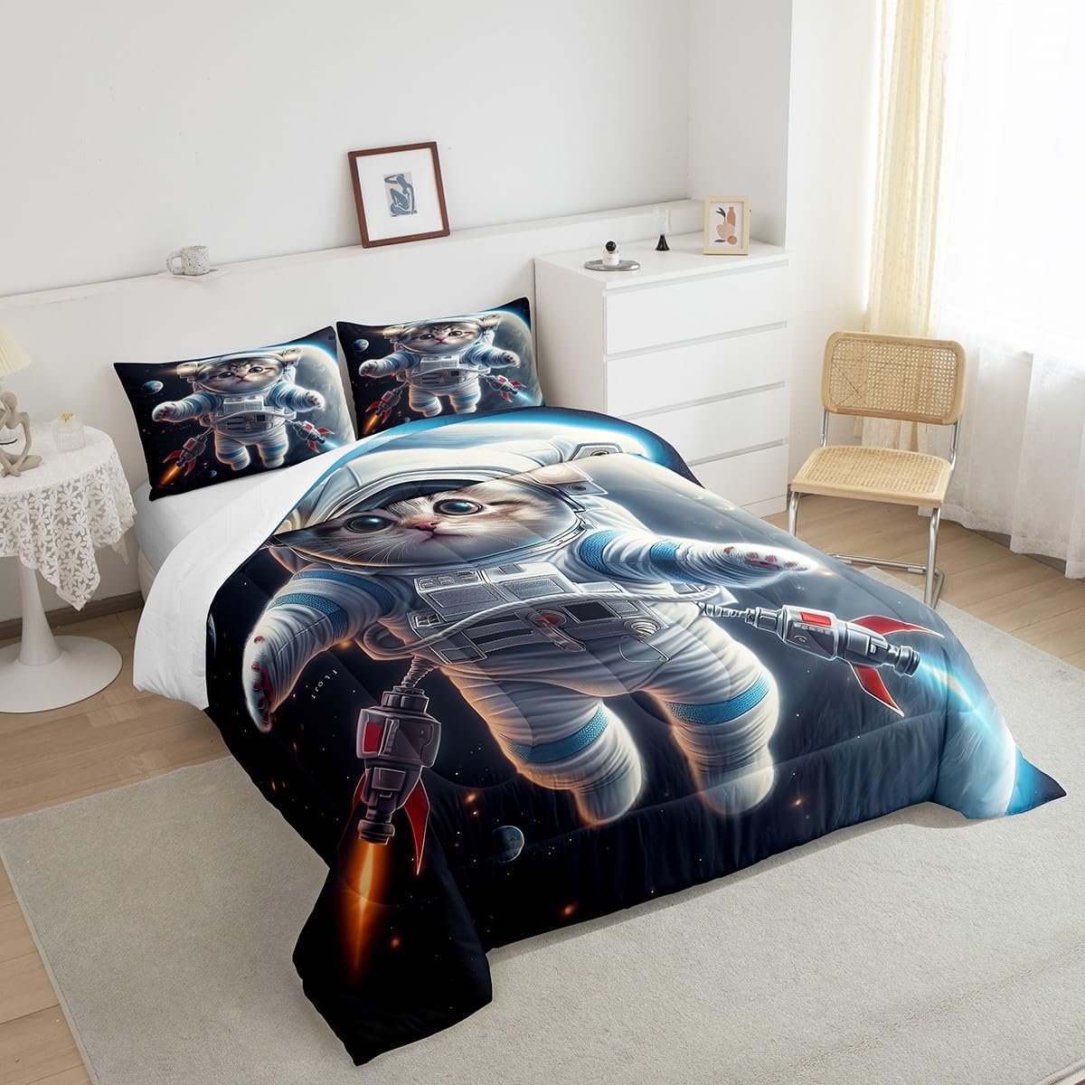 Erosebridal 3D Astronaut Cat Twin Bedding Sets for Girls Boys Kids Toddler,Outer Space Themed Cat Comforter Set Kawaii Room Decor,Rocket Ship Planet Bedding Set Universe Galaxy Quilt Bed Set 2Pcs