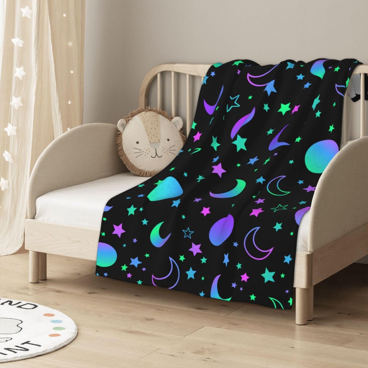 Mystical Bright Neon Sun Moon Star Blanket, Soft Blankets Flannel Bed Throw Cozy Lightweight Plush Gifts for Boys Girls Women Men Sofa Couch Bedroom Living Rooms Warm All Season, Home Decor, 50X40in