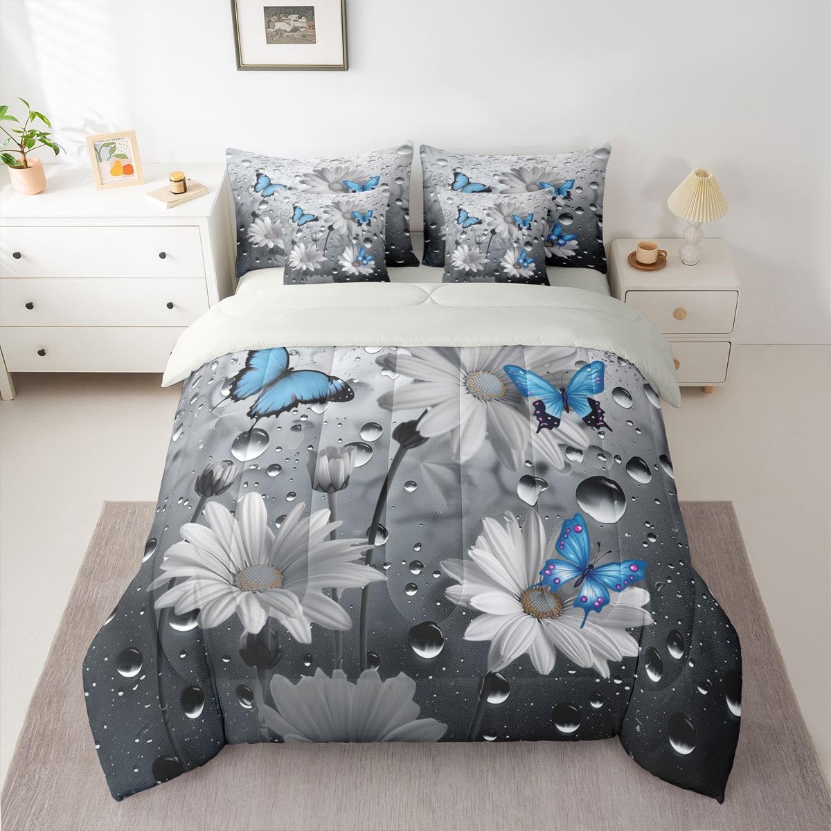 Erosebridal Water Droplets 7 Piece Bedding Set Queen Butterfly Comforter Set with Sheets Daisy Fog Dreamy Blue Butterflies Bed in a Bag Bud Retro 3D Flower Pattern for Kids Boys Girls