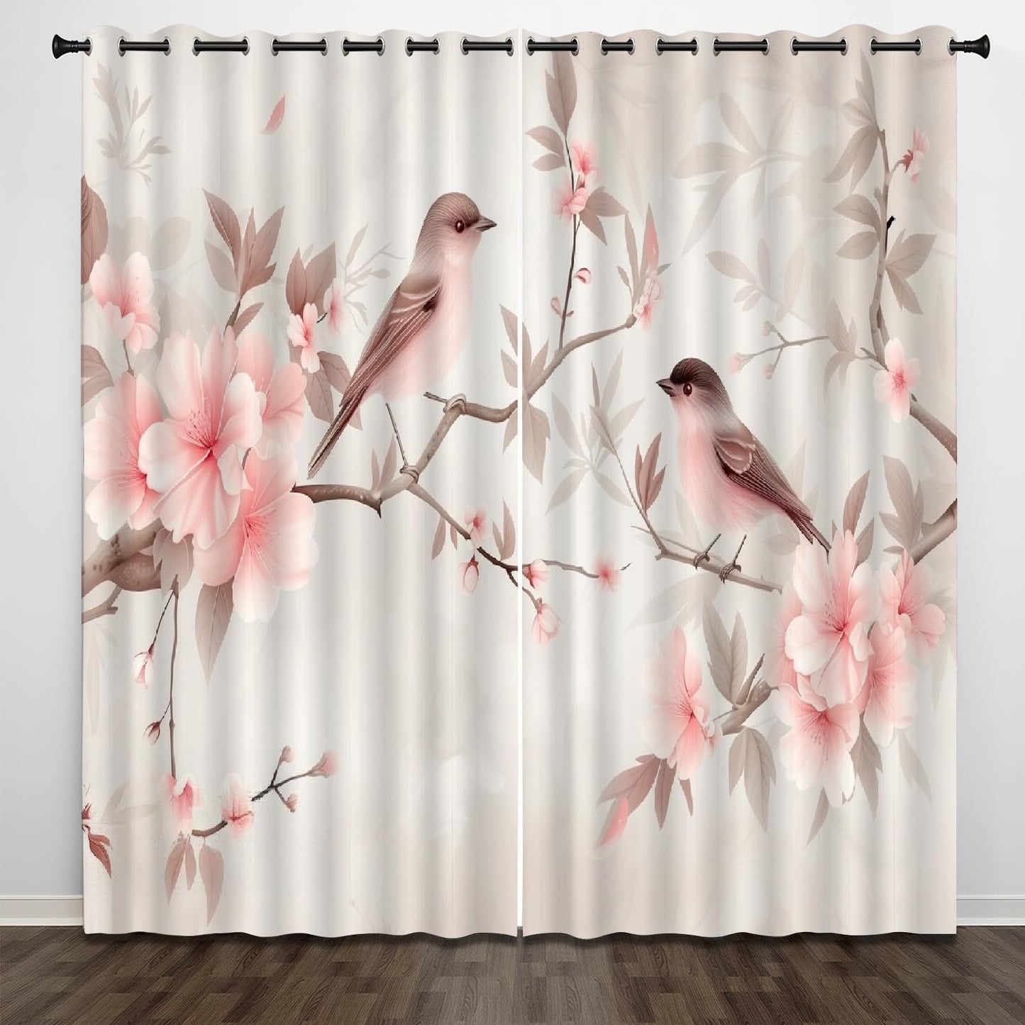 Pink Flower Branches Blackout Curtains, Cute Resting Bird 3D Print Drapes, Darkening Curtains with Top Grommet 2 Panel Drapes for Sliding Glass Door Bedroom Living Room(42" W x 63 "L)