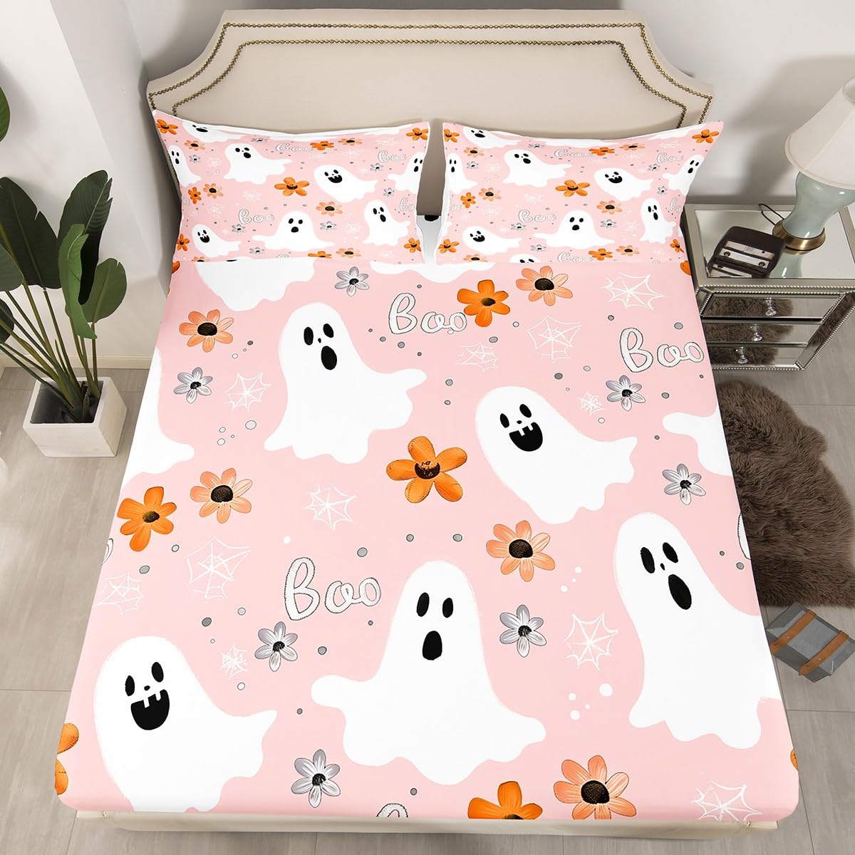 jejeloiu Halloween Decor Bed Sheets Set Queen Size Cartoon Ghost Deep Pocket Fitted Sheet Spider Web Bedding Sets Spooky Halloween Pattern Soft Bed Set 4Pcs with 2 Pillow Cases