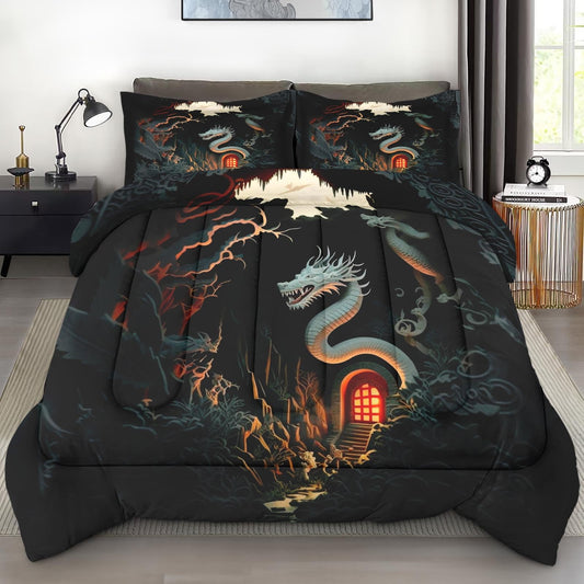 Pamnest Comforter Set Queen Size, Asian Chinese White Soft 3 Pcs Bedding for Kids and Adults, Dragon Deep Animal Comforter Set with Pillowcase, for Bedroom Bed Decor