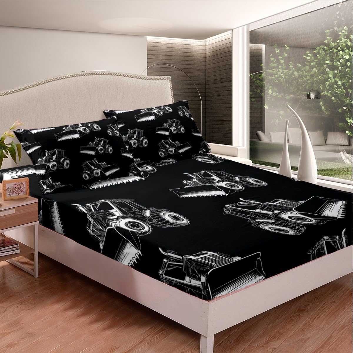 Erosebridal Boys Cartoon Car Fitted Sheet Twin Size, Excavator Bedding Set-Deep Pocket for Kids Girls Children Bedroom, Construction Vehicle Bed Sheet Dump Truck Bed Sets with 1 Pillow Case, Black