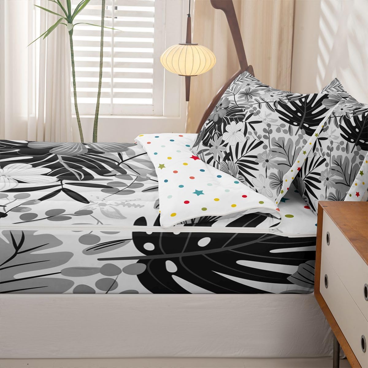 Feelyou Cute Grey Flower Zipper Bedding Sets for Kids Boys Girls Botanical Leaves Floral Queen Comforter Set with Fitted Sheet Aesthetic Flower Bedroom Decor Microfiber with 2 Pillow Cases