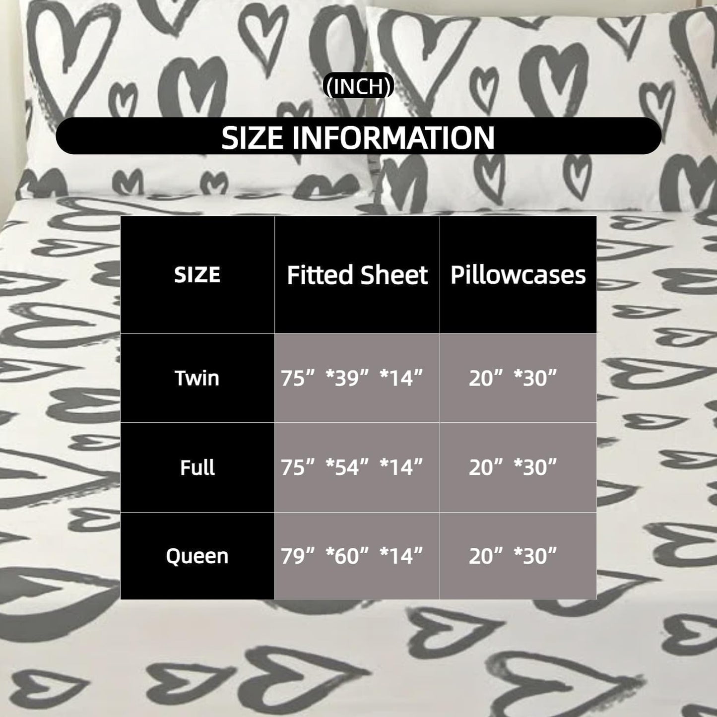 SDIII Love Heart Full Fitted Sheet with 2 Pillowcases, Deep Pocket Soft Microfiber Black and White Romantic Bedding Full Size