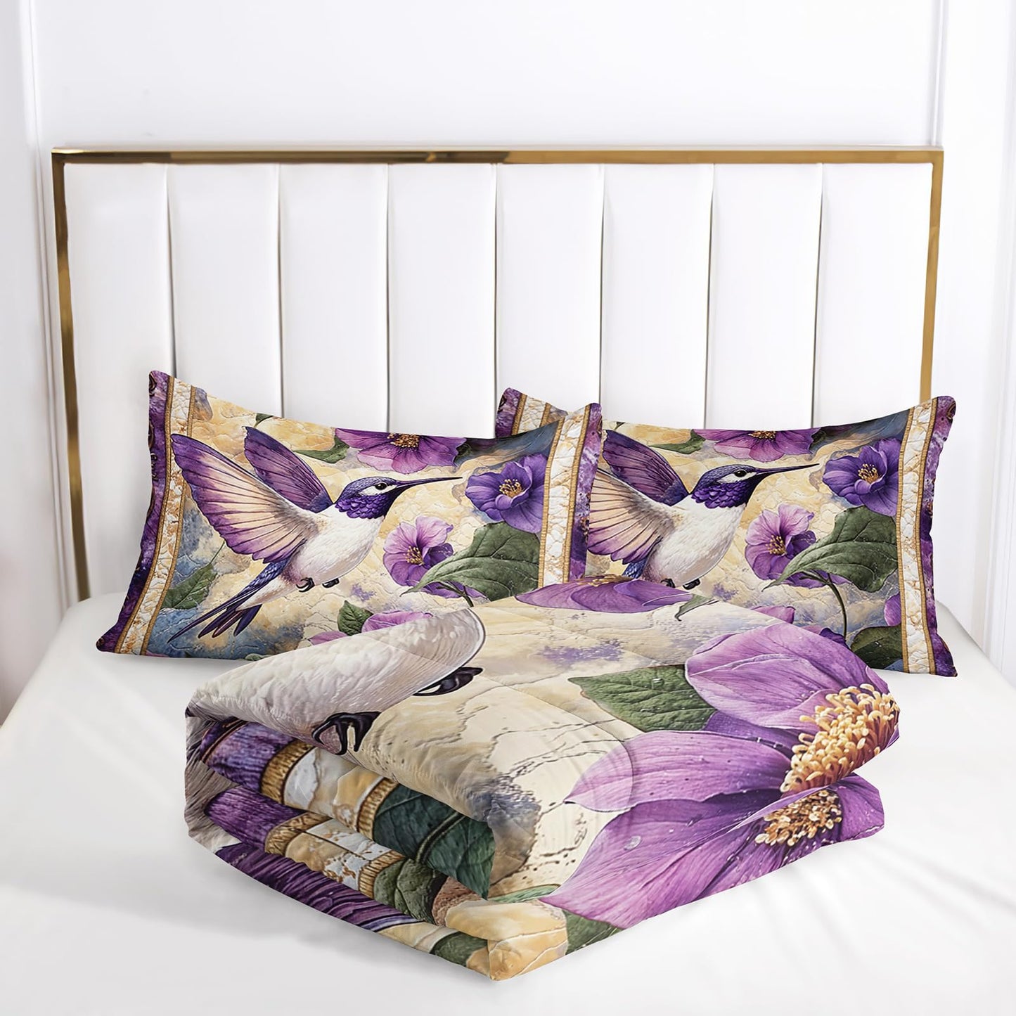 AILONEN Purple Flower Hummingbird Comforter Set Queen Size,Boho Exotic Hummingbird Bedding Set for Girls Women,Beautiful Bird Print Comforter with 2 Pillowcases,3 Pieces