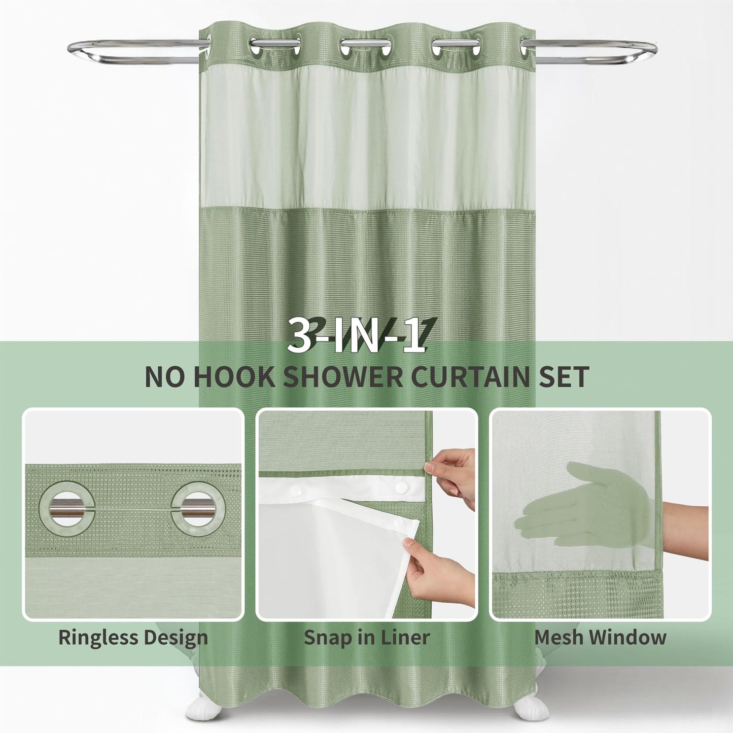 eachope Stall No Hook Shower Curtain with Snap-in Fabric Liner Set,Waffle Weave Shower Curtains for Bathroom,Hotel Luxury Decor Bathroom Curtain Set,Waterproof & Washable,54Wx80H,Sage Green