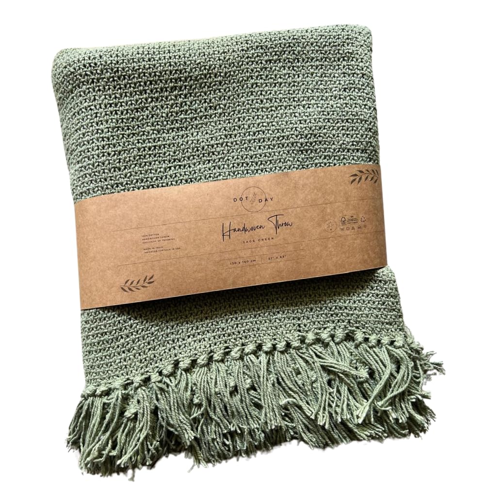 Dot Day Handwoven Cotton Throw Blanket – Chunky Knit, Soft & Breathable – 100% Cotton, 51x63 inches – Cozy Couch, Bed, Baby Nursery, Rustic Farmhouse Decor – Machine Washable (Sage Green)