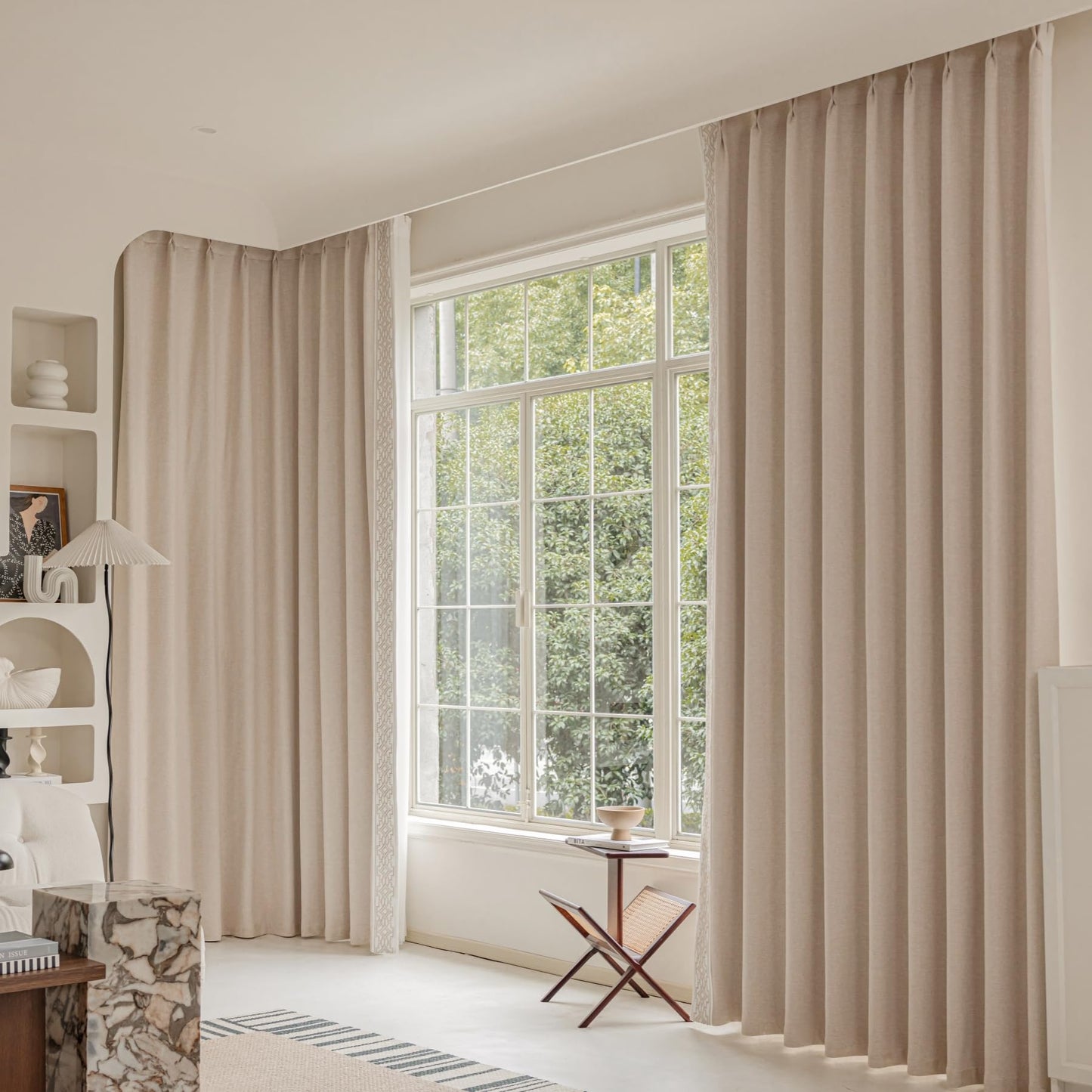 VisionaryHomeDesign Blackout Pinch Pleat Curtains with Embroidery Trim -Soft Beige Linen Blend Curtains for Living Room or Bedroom (50" W x 108" L)