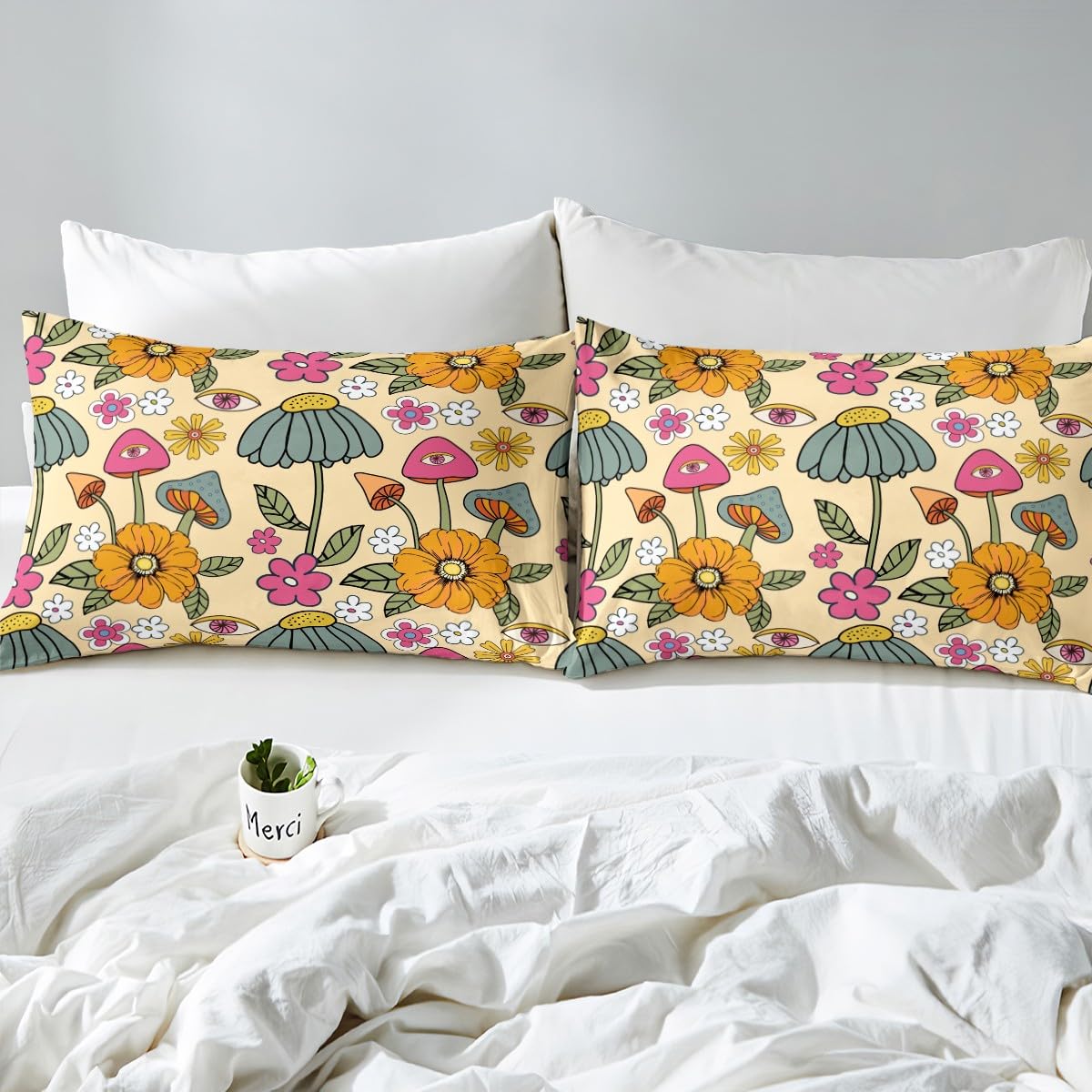 70s Retro Floral Bed Sheet Set Twin Size,Hippie Flowers Leaves Bedding Decor Set with 1 Flat & 1 Fitted Sheet Cartoon Eyes Mushroom with 1 Pillow Sham for Kids Boys Bedroom Decor
