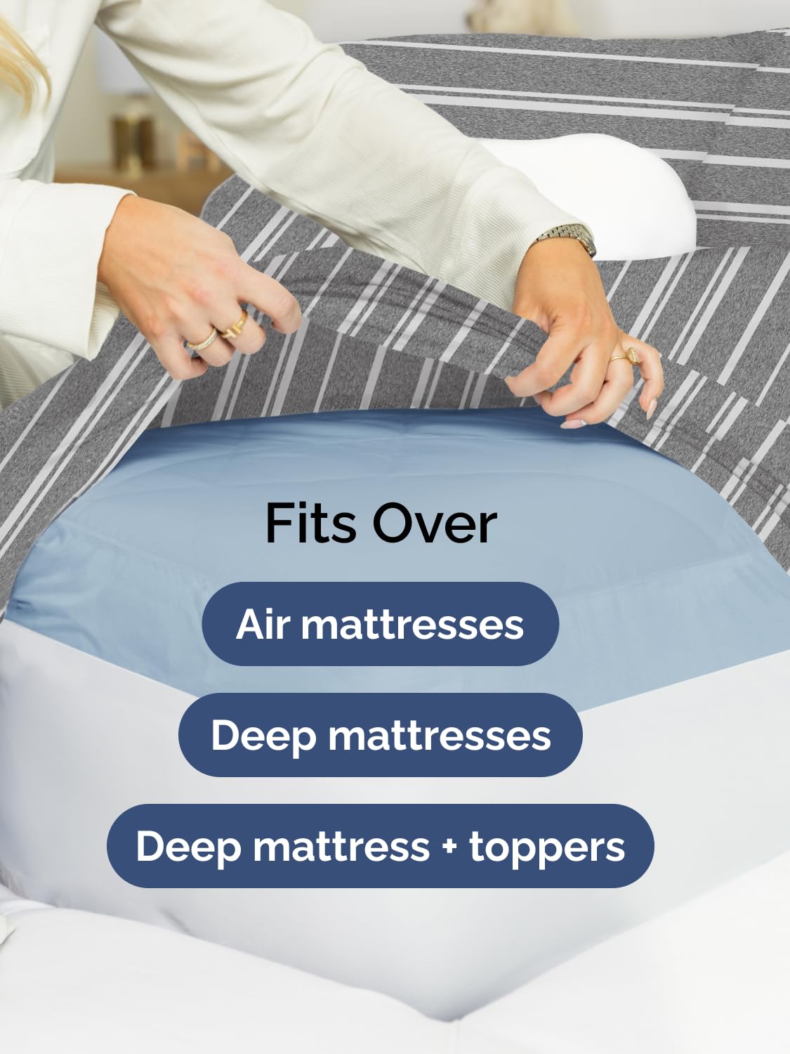 Extra Deep Queen Fitted Sheet - Hotel Luxury Single Fitted Sheet Only - Easily Fits 18 inch to 24 inch Mattress - Ultra Soft, Wrinkle Free with Extra Deep Pockets - Breathable & Comfy - Grey Stripes