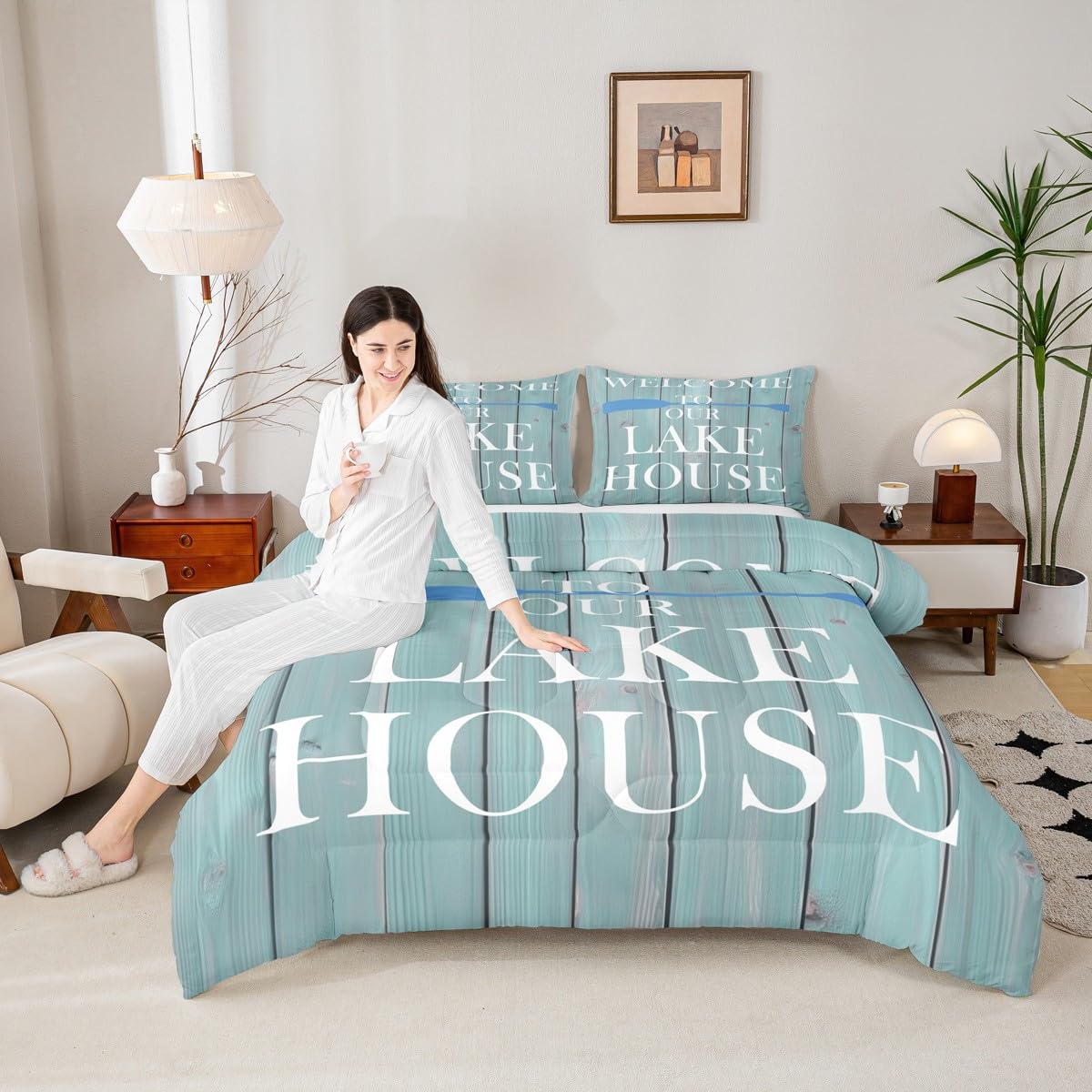 Lake House Comforter Set Queen Size, Rustic Cabin Farmhouse Style Bedding Set 3pcs, Retro Wooden Plank Lake Theme Down Comforter for All Season, Kids Boys Girls Room Decor, 2 Pillowcases, No Sheets
